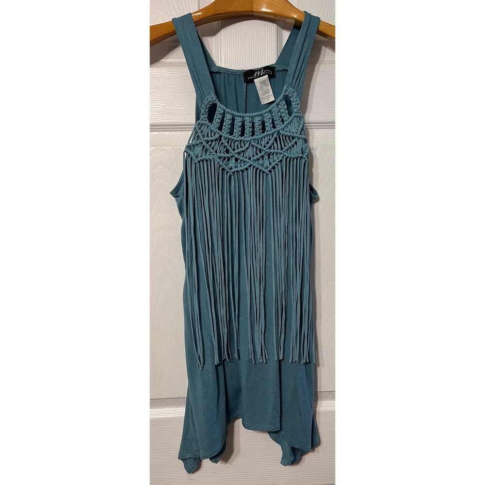 Midnight Velvet Womens Teal Blue Macrame Fringe Handkerchief Hem Tank Top XL